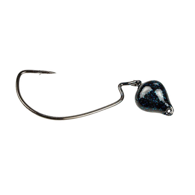 Strike King Jointed Structure Head fishing lure with a black and blue speckled weighted head and a single sharp hooked wire, designed for effective fishing tackle use.