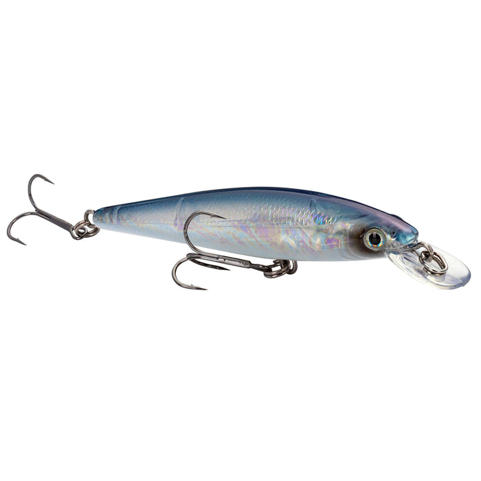 Strike King KVD 100 Jerkbait fishing lure with a realistic blue and silver finish, featuring dual treble hooks and a clear plastic lip for lifelike movement in water.