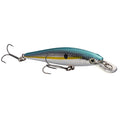 Strike King KVD 100 Jerkbait fishing lure with blue and silver scale pattern, yellow stripe, two treble hooks, and clear plastic diving lip for realistic movement in water.