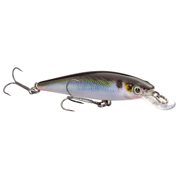 Strike King KVD 100 Jerkbait fishing lure with a natural shad color pattern, featuring two sharp treble hooks and a clear diving lip for realistic movement in water.