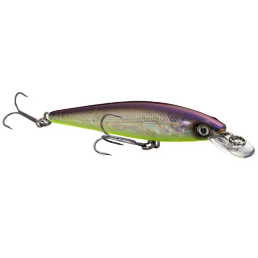 Strike King KVD 100 Jerkbait fishing lure with a purple and yellow body, detailed scale pattern, and three sharp treble hooks for effective fishing tackle use.