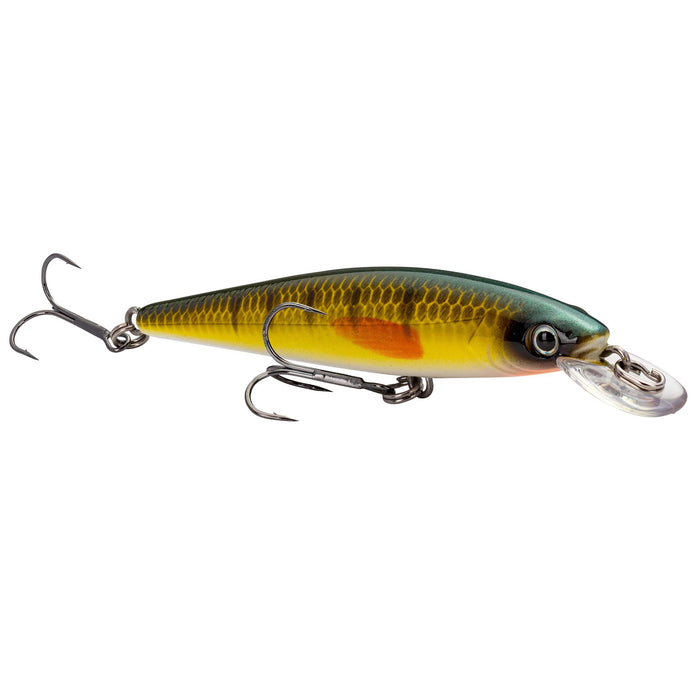 Strike King KVD 100 Jerkbait fishing lure with realistic green and yellow scaled body, two treble hooks, and a clear diving lip for effective fishing tackle use.