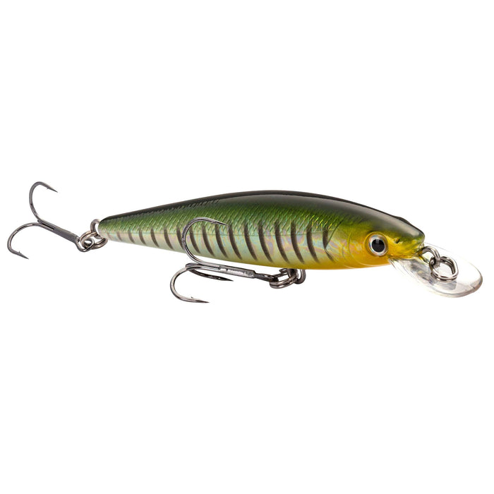 Strike King KVD 100 Jerkbait fishing lure with green and yellow striped body, two sharp treble hooks, and clear diving lip for realistic underwater action.