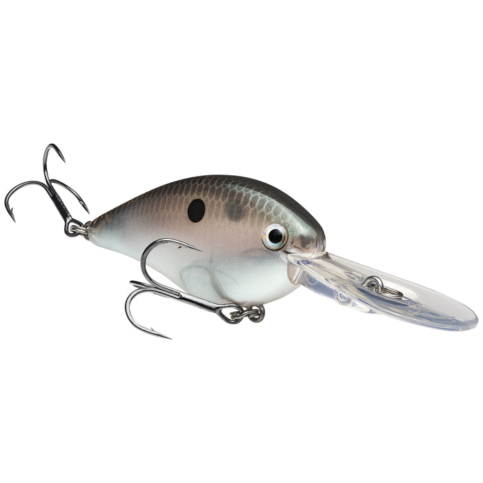 Strike King KVD 1.5 Flatside Crankbait in green gizzard shad color with detailed scale pattern, two treble hooks, and a clear diving lip designed for medium water fishing.
