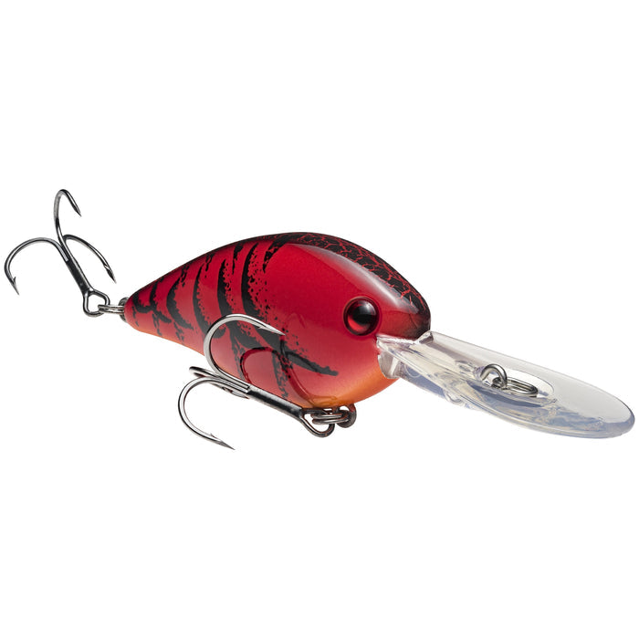 Strike King KVD 1.5 Flatside Crankbait fishing lure in red with black stripes, featuring a clear diving lip and two treble hooks, designed for effective freshwater fishing tackle.