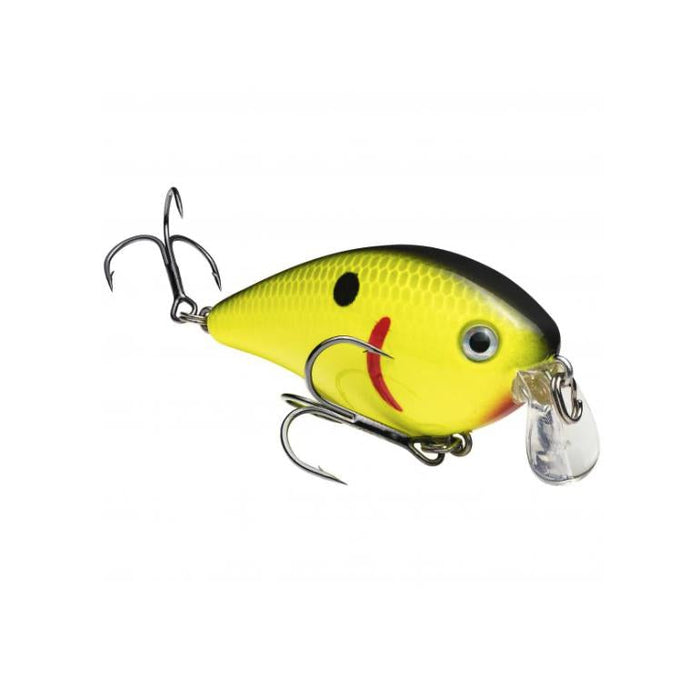Strike King KVD 1.5 Shallow Squarebill Crankbait in bright yellow and black, featuring a square-shaped bill and two sharp treble hooks, designed for fishing tackle enthusiasts.