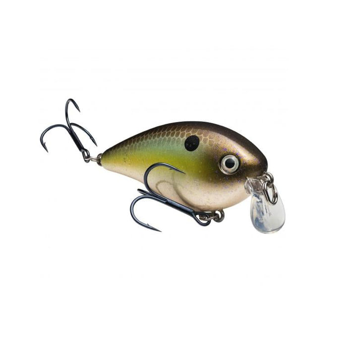 Strike King KVD 1.5 Shallow Squarebill Crankbait fishing lure with realistic green and brown body, detailed eyes, and two sharp treble hooks for effective fishing tackle use.