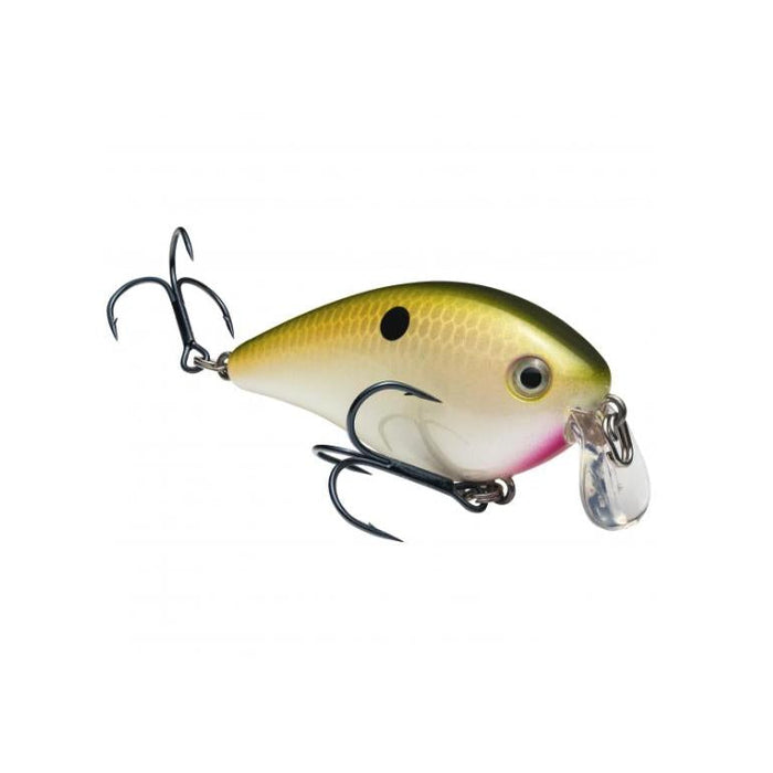 Strike King KVD 1.5 Shallow Squarebill Crankbait fishing lure with a yellow and green body, black spot, clear diving lip, and two treble hooks for fishing tackle enthusiasts.