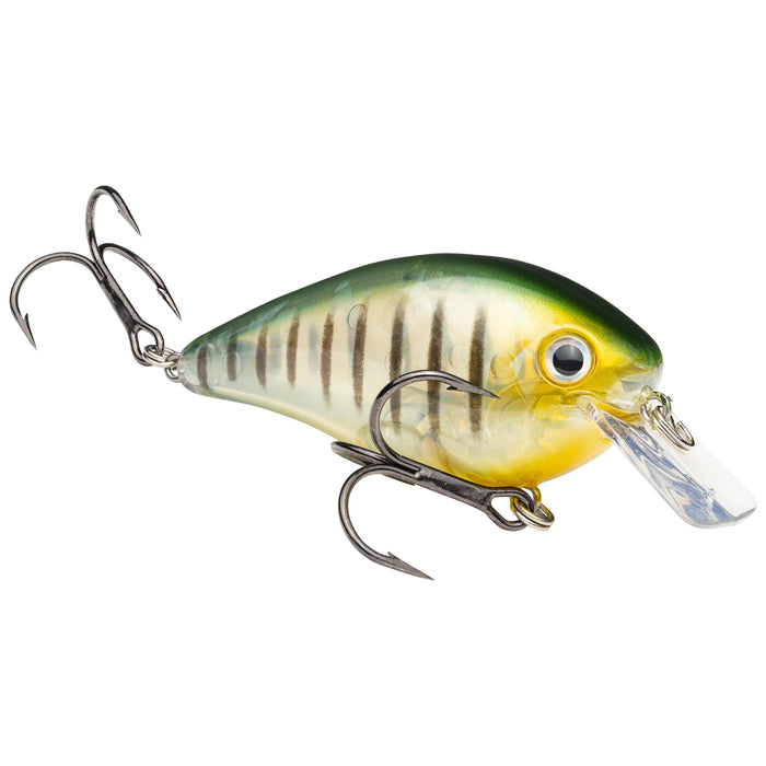 Strike King KVD 2.5 Squarebill Crankbait fishing lure with a green and yellow body featuring vertical stripes, equipped with two sharp treble hooks and a clear diving lip.