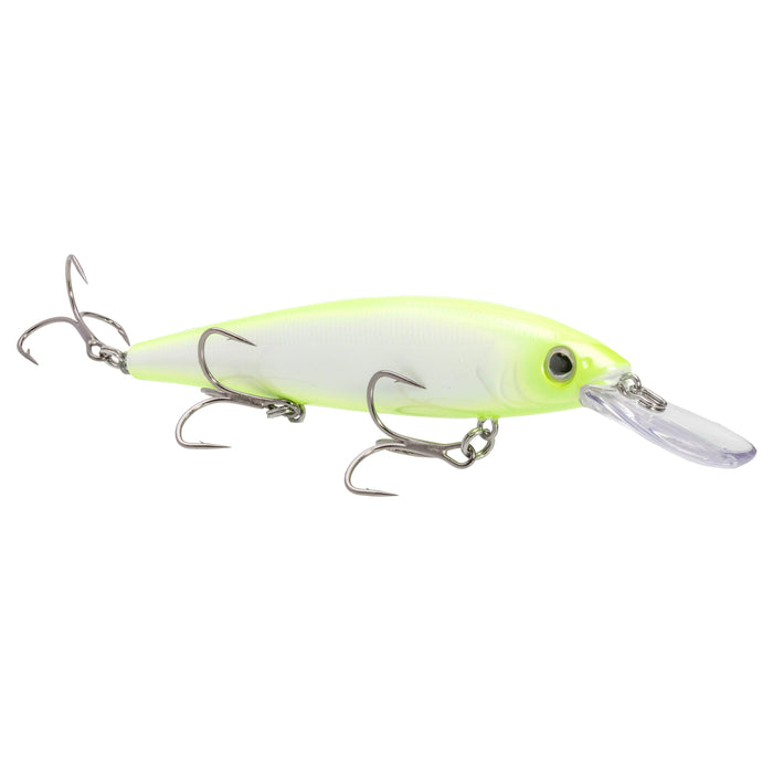 Strike King KVD Elite 300 Deep Jerkbait fishing lure in white and chartreuse with three treble hooks and a clear diving lip, designed for deep-water fishing.