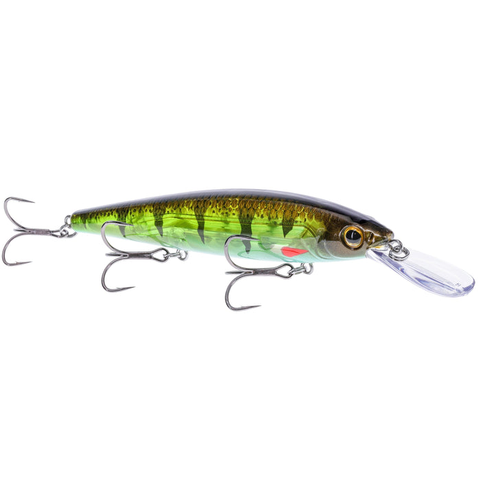 Strike King KVD Elite 300 Deep Jerkbait fishing lure with green and yellow body, realistic fish pattern, and three sharp treble hooks for effective fishing tackle.