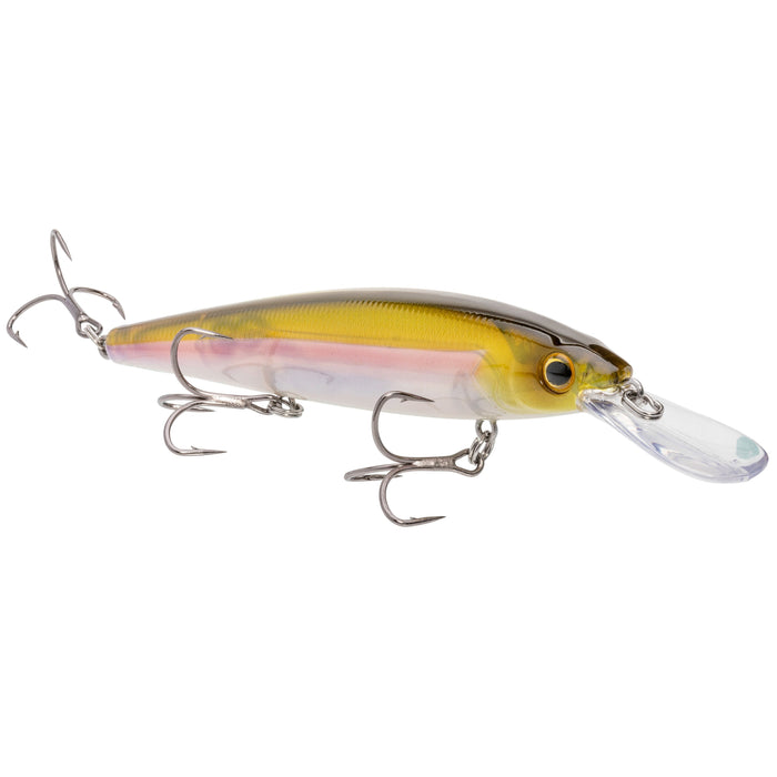 Strike King KVD Elite 300 Deep Jerkbait fishing lure with a yellow and brown finish, clear bill, and three sharp treble hooks designed for effective fishing tackle use.