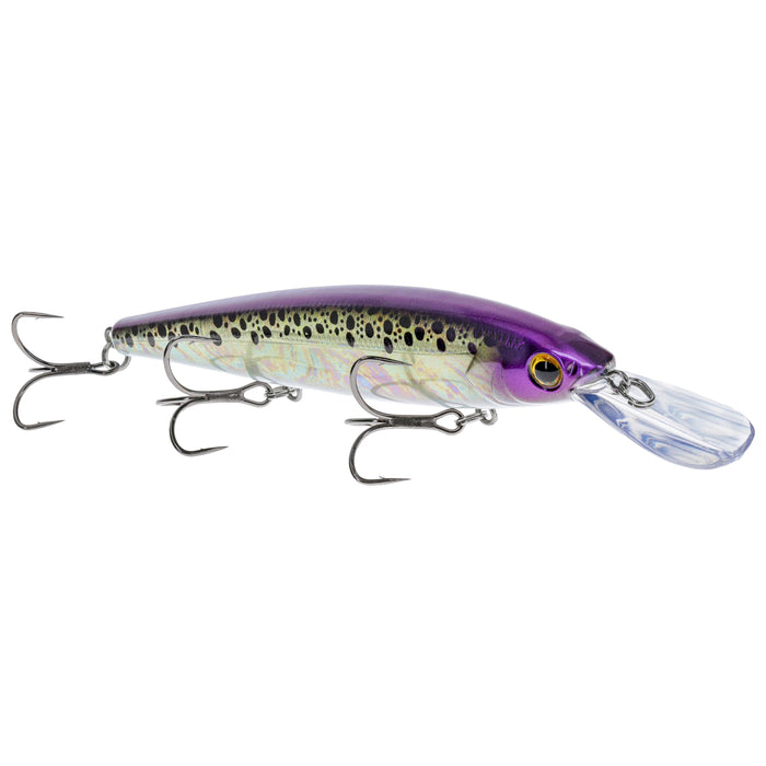 Strike King KVD Elite 300 Deep Jerkbait fishing lure with a purple and natural spotted body, three sharp treble hooks, and a clear diving lip for deep water fishing.