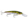 Strike King KVD Elite 300 Deep Jerkbait fishing lure with a realistic fish pattern in green and yellow hues, featuring three sharp treble hooks and a clear diving lip for effective fishing tackle use.