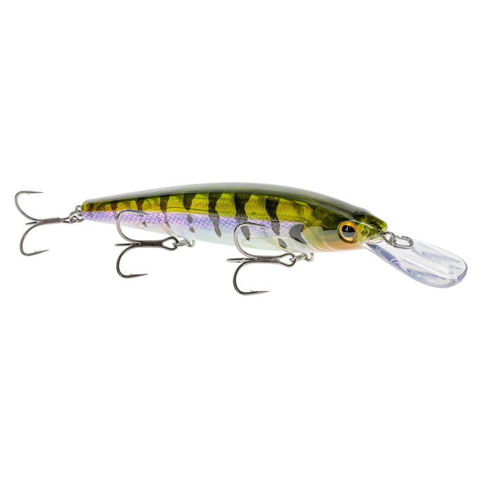 Strike King KVD Elite 300 Deep Jerkbait fishing lure with a realistic fish pattern in green and yellow hues, featuring three sharp treble hooks and a clear diving lip for effective fishing tackle use.