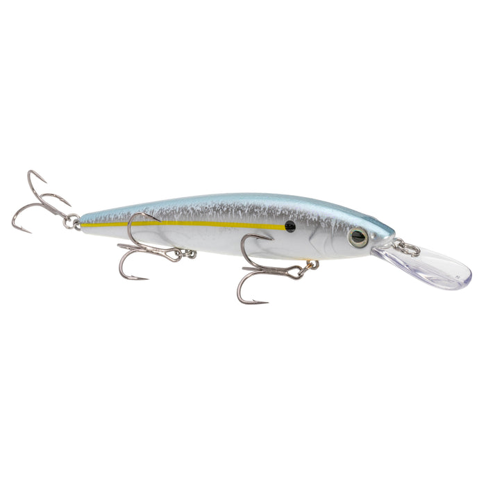 Strike King KVD Elite 300 Deep Jerkbait fishing lure in a silver and blue finish with three sharp treble hooks and a clear plastic lip for deep diving action.