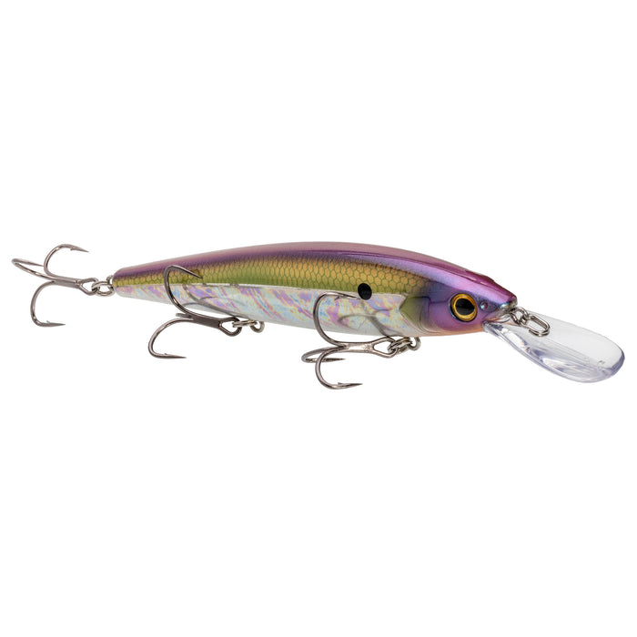Strike King KVD Elite 300 Deep Jerkbait fishing lure with a purple and green reflective body, equipped with three sharp treble hooks and a clear diving lip for deep water fishing.