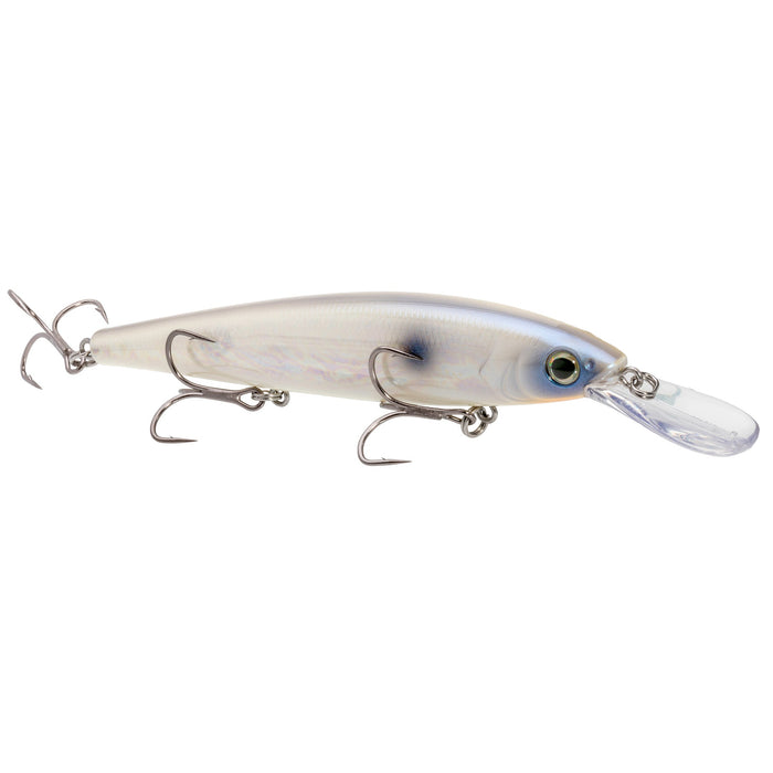 Strike King KVD Elite 300 Deep Jerkbait fishing lure in translucent white with reflective finish, three treble hooks, and a clear diving lip for deep water fishing.