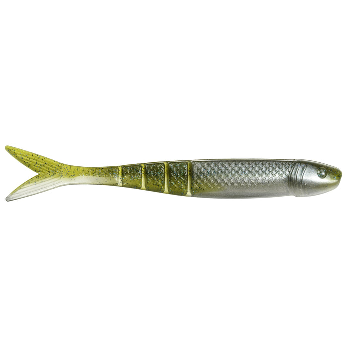 Soft plastic fishing lure in a silver and green color with segmented body and realistic fish scale texture, identified as Strike King KVD Perfect Plastics Blade Minnow.