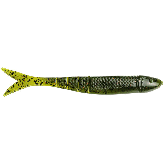 Green and black speckled soft plastic fishing lure with segmented body and forked tail, designed for freshwater fishing, Strike King KVD Perfect Plastics Blade Minnow.