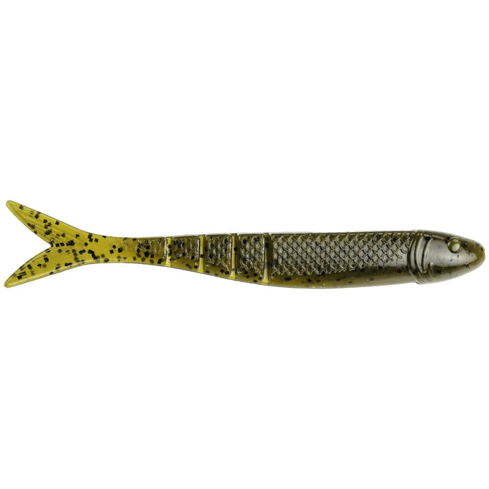 Soft plastic fishing lure in green pumpkin color with segmented body and textured scale pattern, designed for use as Strike King KVD Perfect Plastics Blade Minnow fishing tackle.