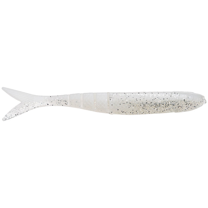 Strike King KVD Perfect Plastics Blade Minnow softbait in pearl color with black speckles and a forked tail, designed for fishing tackle and lure applications.