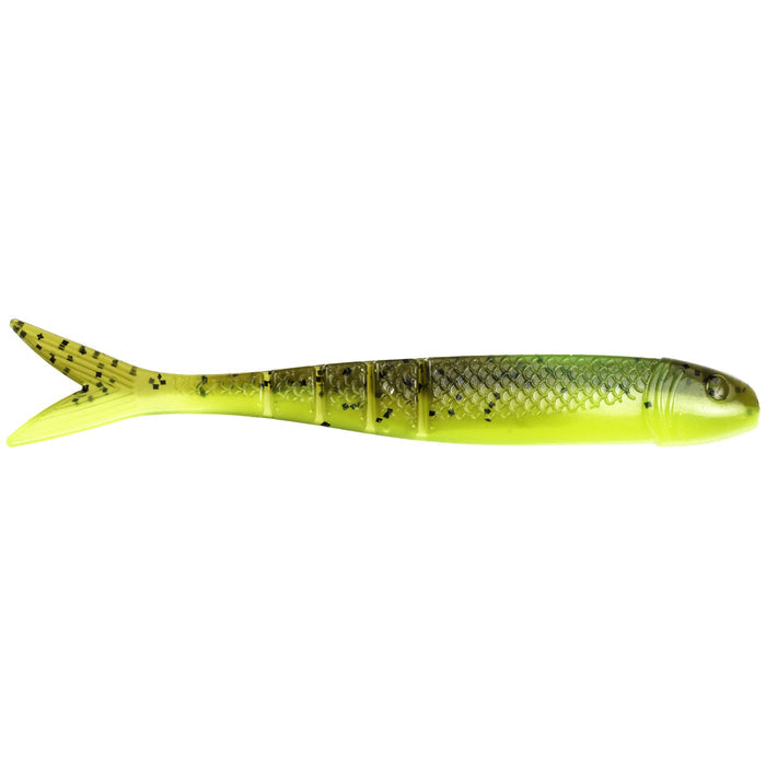 Strike King KVD Perfect Plastics Blade Minnow soft fishing lure in green pumpkin with chartreuse belly, featuring segmented body and lifelike scale texture for effective fishing tackle.