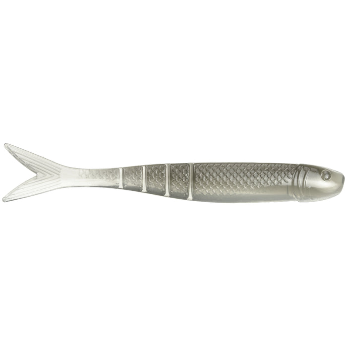 Strike King KVD Perfect Plastics Blade Minnow fishing lure in translucent gray with segmented body and detailed fish scale texture designed for realistic movement in water.