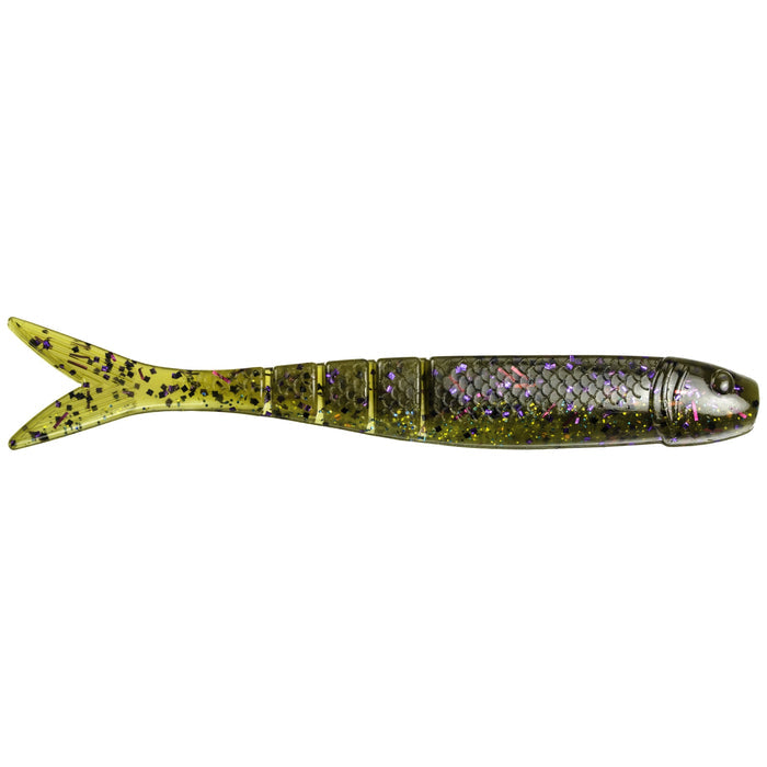 Strike King KVD Perfect Plastics Blade Minnow soft plastic fishing lure with segmented body and paddle tail in natural green and purple hues, designed for effective fishing tackle use.