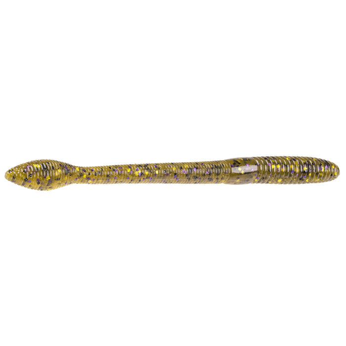 Strike King KVD Perfect Plastics Fat Baby Finesse Worm fishing lure in translucent gold with purple and green flecks, designed for finesse fishing techniques.