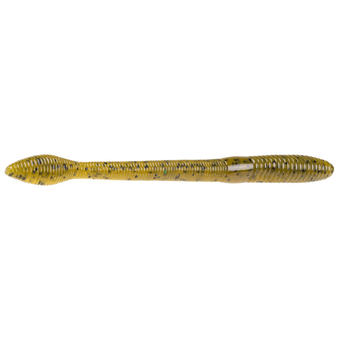 Strike King KVD Perfect Plastics Fat Baby Finesse Worm fishing lure in translucent green with black flecks, designed for finesse fishing and enhanced attraction.