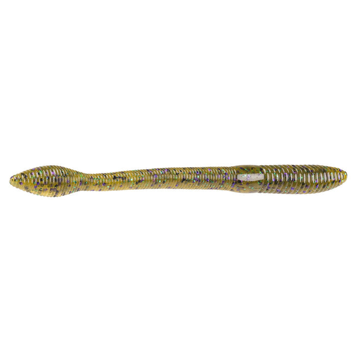 Strike King KVD Perfect Plastics Fat Baby Finesse Worm fishing lure in translucent green with purple and gold flecks, designed for finesse fishing techniques.