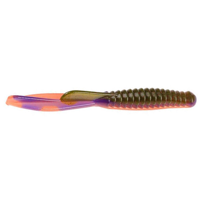 Close-up of a two-tone soft plastic fishing lure with ribbed body and twin tail design, identified as Strike King KVD Perfect Plastics Half Shell Dropshot Worm used for fishing tackle.