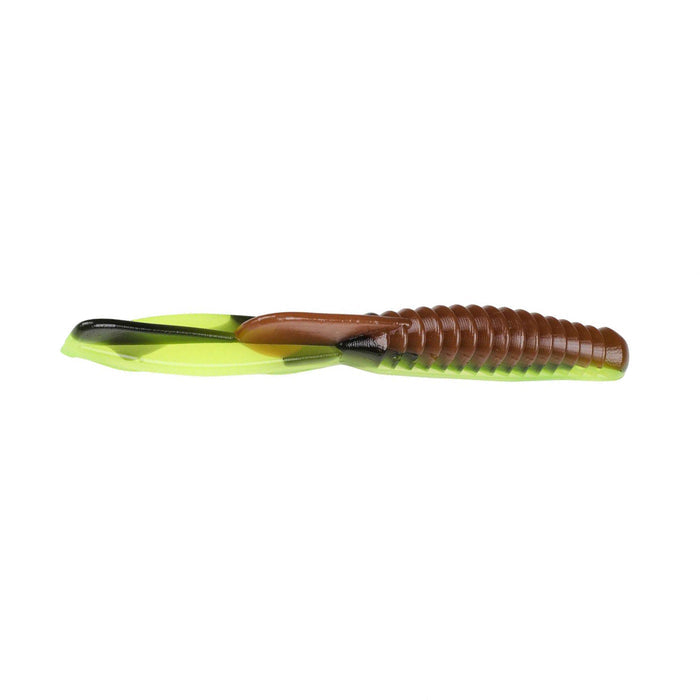 Strike King KVD Perfect Plastics Half Shell Dropshot Worm in a two-tone color featuring brown segmented body and chartreuse tail, designed for fishing tackle and lure use.