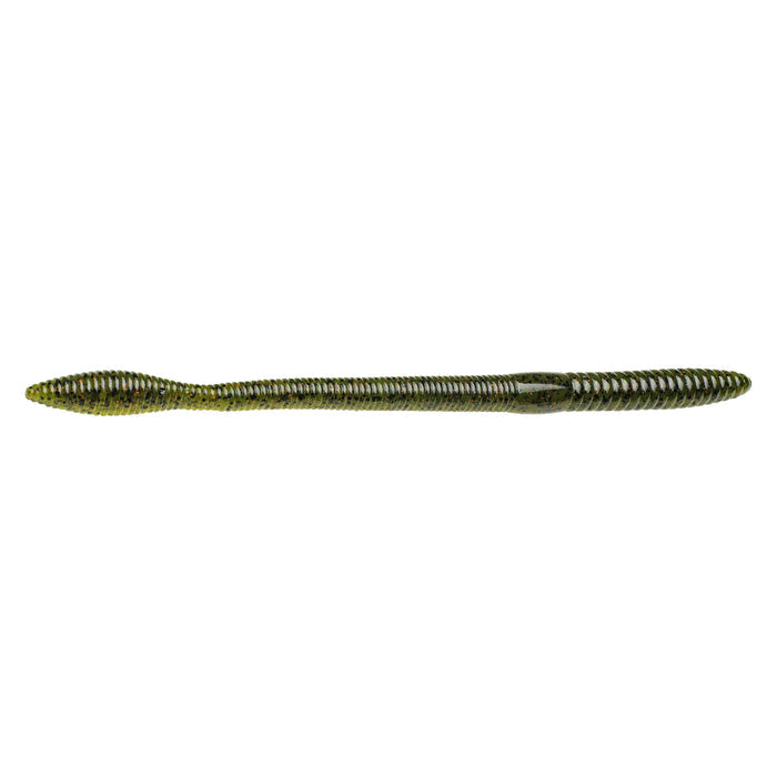 Strike King KVD Perfect Plastics OPT Bullworm 10" soft fishing lure in green and red flake designed for freshwater fishing tackle.