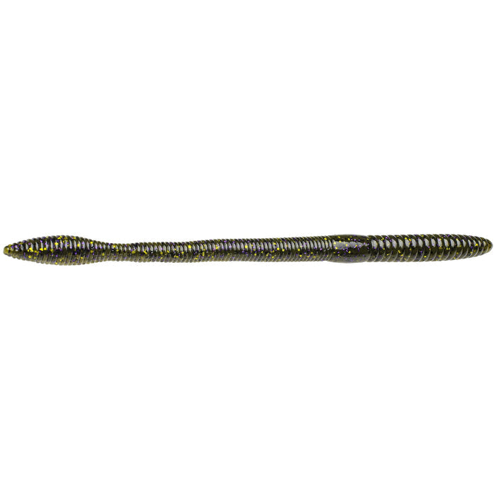 Strike King KVD Perfect Plastics OPT Bullworm 10" fishing lure in dark color with specks, designed for freshwater fishing and effective for musky and other game fish.