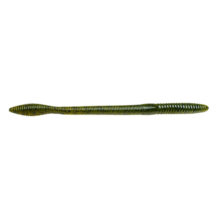 Strike King KVD Perfect Plastics OPT Bullworm 10" fishing lure in green with ribbed texture, designed for musky and freshwater fishing tackle use.