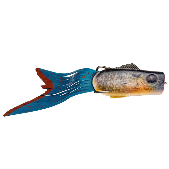 Strike King KVD Popping Perch fishing lure with a detailed fish body and flexible blue and orange tail designed for effective water surface action in fishing tackle.