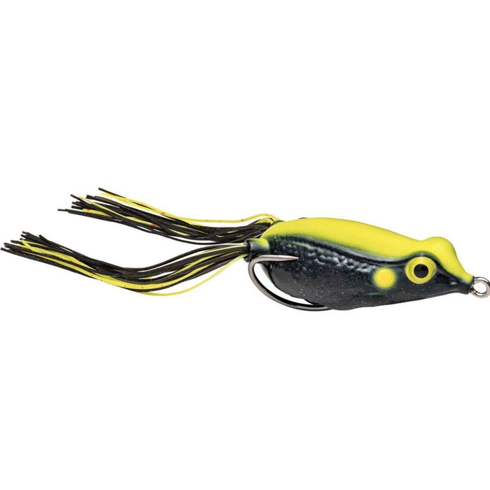 Strike King KVD Sexy Frog fishing lure designed to imitate a frog with a hollow body and detailed yellow and black coloring, featuring rubber skirt legs and a concealed hook for fishing tackle.