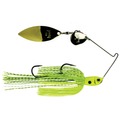 Strike King Premier+ Spinnerbait featuring a lime green skirt with black speckles, two sharp hooks, and two metal spinning blades designed for effective fishing tackle use.