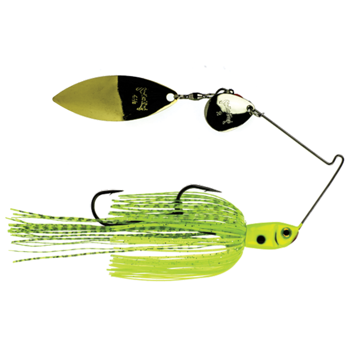 Strike King Premier+ Spinnerbait featuring a lime green skirt with black speckles, two sharp hooks, and two metal spinning blades designed for effective fishing tackle use.