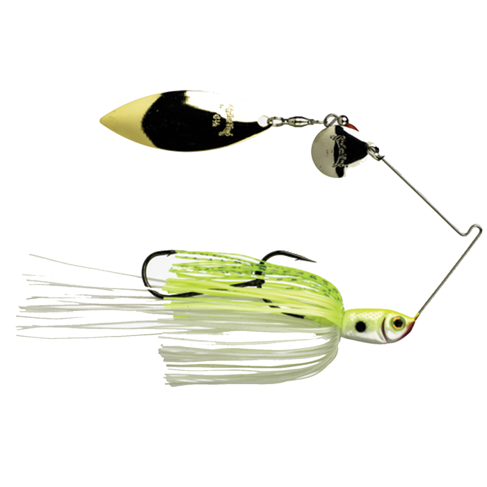 Strike King Premier+ Spinnerbait fishing lure with chartreuse and white skirt, equipped with twin hooks and metallic gold and silver spinner blades for attracting fish.