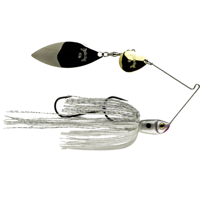 Strike King Premier+ Spinnerbait fishing lure with silver and white skirt, two metal blades in silver and gold colors, designed for freshwater fishing tackle.
