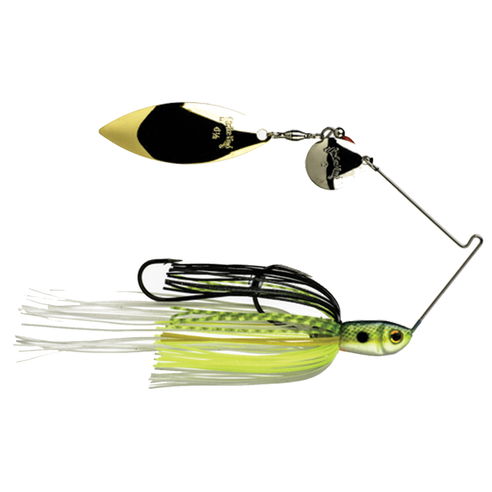 Strike King Premier+ Spinnerbait featuring a detailed fish-shaped head, bright yellow and white silicone skirt, dual gold and silver spinning blades, and a sharp black hook for effective fishing tackle.