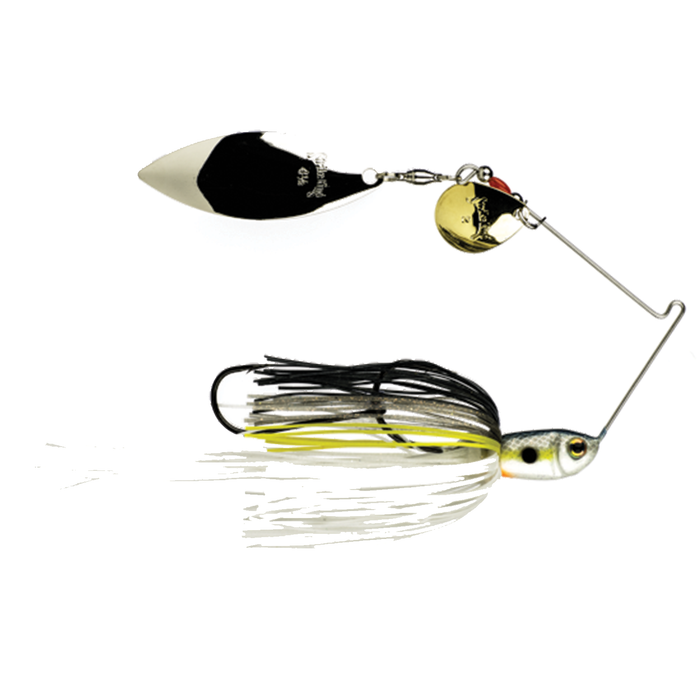 Strike King Premier+ Spinnerbait fishing lure featuring a detailed fish-shaped head with black, white, and chartreuse skirt and two spinning blades for attracting muskies.