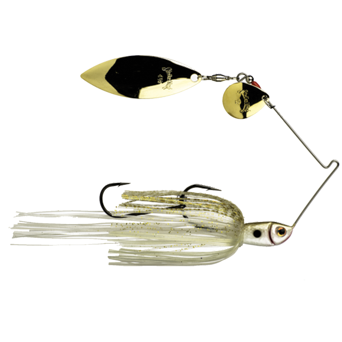Strike King Premier+ Spinnerbait featuring dual gold-colored spinning blades and a detailed fish-shaped head with a white and gold skirt, designed for effective fishing lure action.