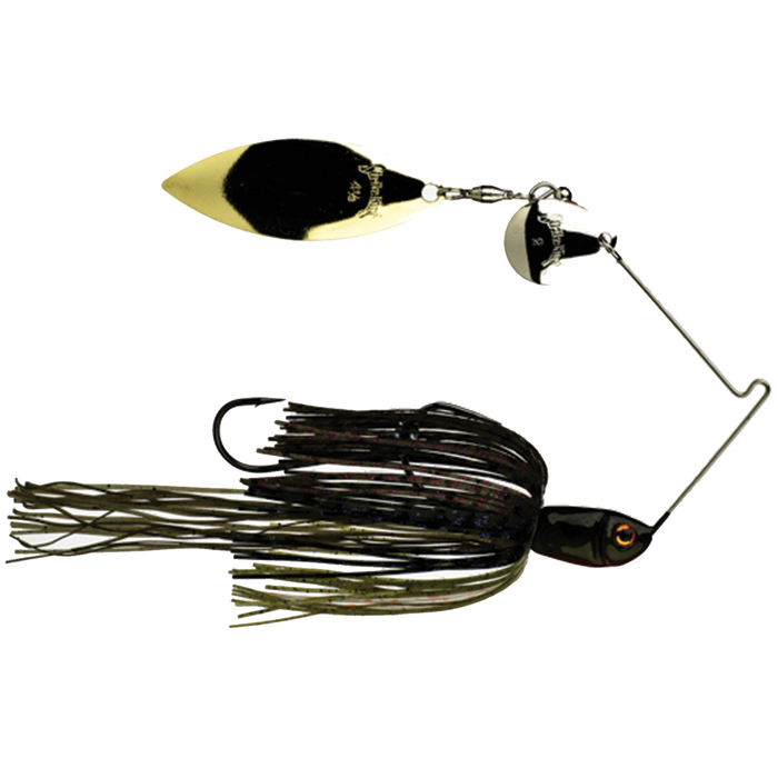 Strike King Premier+ Spinnerbait featuring a black and green skirt with blue flecks, single black hook, and two gold and silver spinner blades for effective fishing lure action.