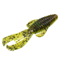 Soft plastic fishing lure resembling a yellow and dark green crawfish with black speckles, designed for freshwater fishing, named Strike King Rage Bug (Mid-Size).