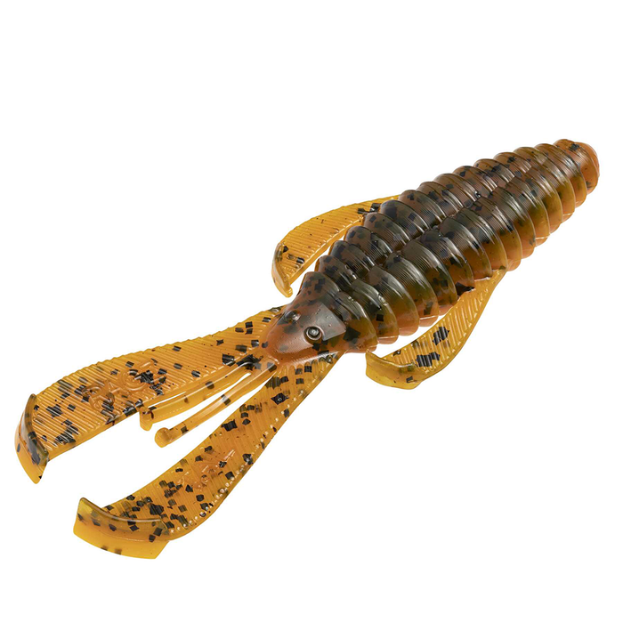 Soft plastic fishing lure in yellow and brown with black flecks, designed to imitate a crawfish for fishing tackle, identified as Strike King Rage Bug (Mid-Size).