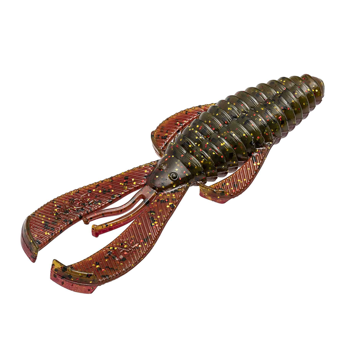 Close-up of a Strike King Rage Bug (Mid-Size) fishing lure in dark green and reddish hues with yellow and black speckles, designed to imitate a crawfish for fishing tackle.